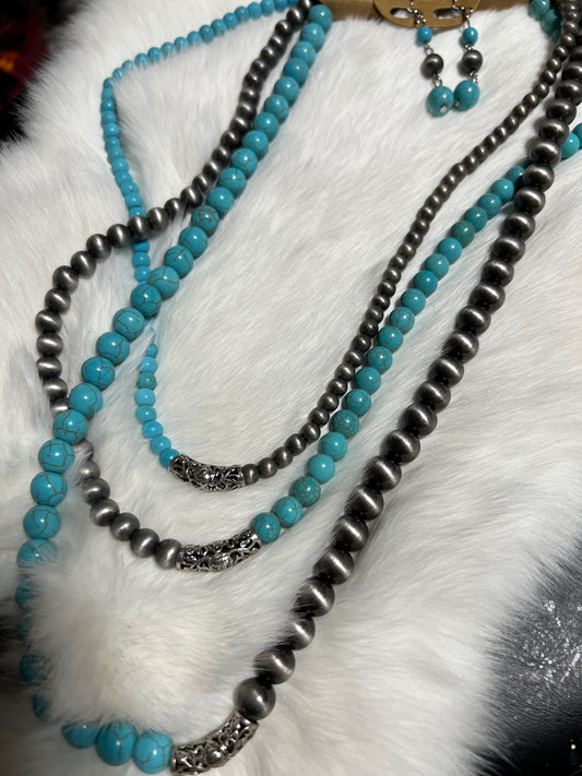 Navajo and Turquoise Fashion Tri-Level Necklace Set