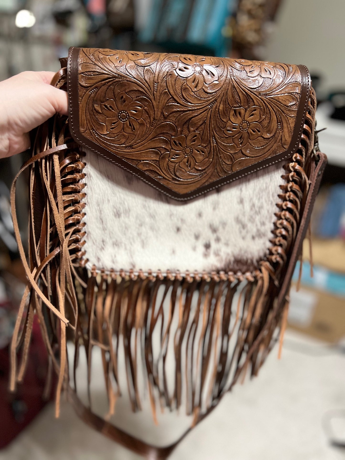 American Bison Hand Tooled Leather Cowhide Handbag with Fringe Crossbody