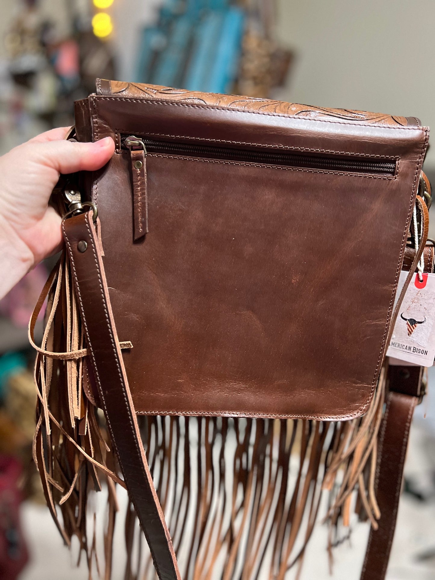 American Bison Hand Tooled Leather Cowhide Handbag with Fringe Crossbody