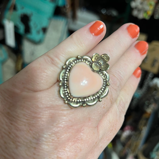 Heart Shaped Pink Conch & Tibetan Silver Wrap Ring