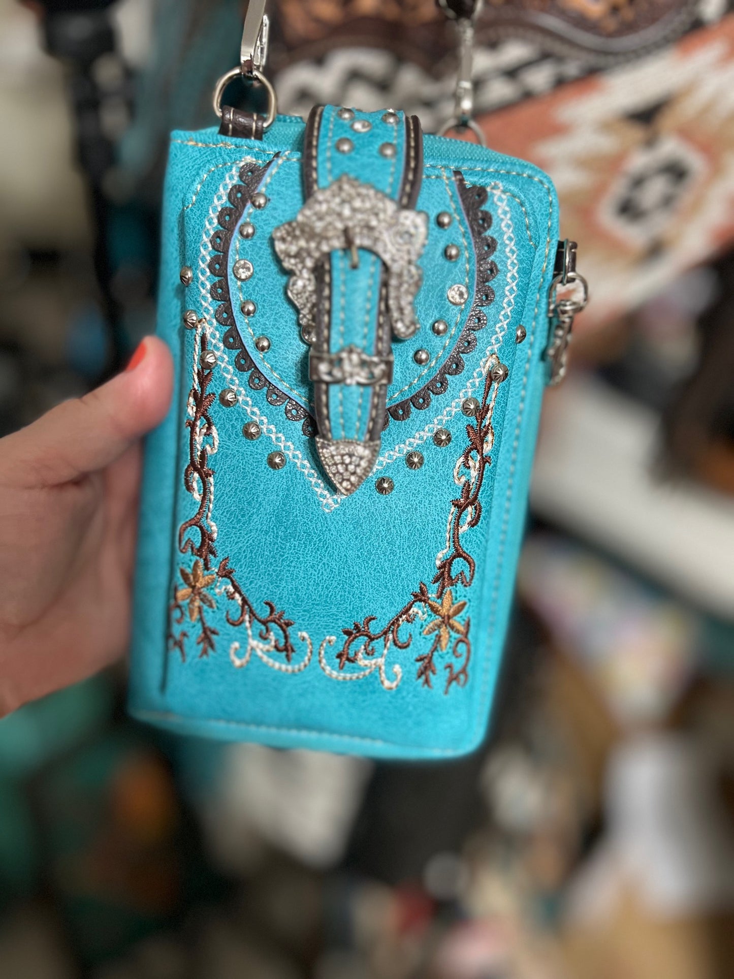 Rodeo Cowgirl Turquoise Bling Phone Wallet Crossbody