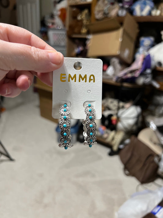 Turquoise and Silver Flower Hoops (2 inch) 1580
