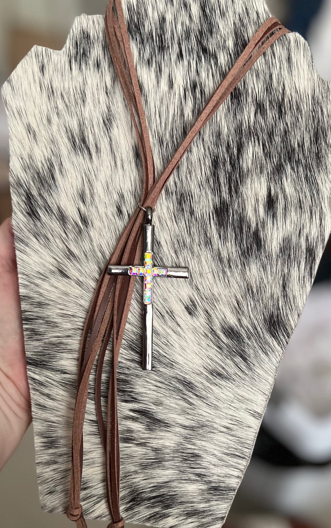 Leather Bolero (Bolo) Iridescent AB Stone Cross Necklace