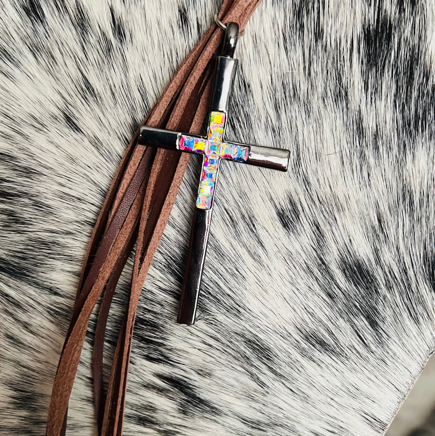 Leather Bolero (Bolo) Iridescent AB Stone Cross Necklace