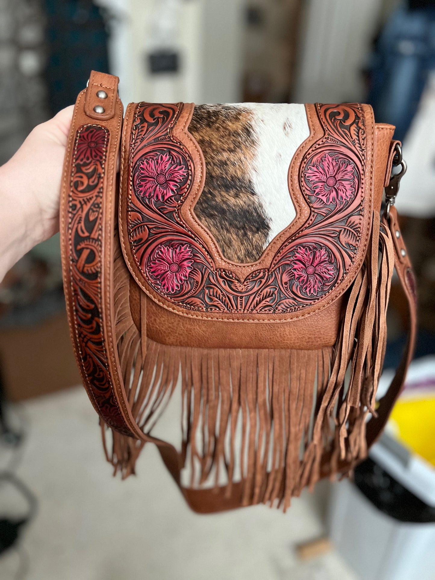 Trinity Ranch Genuine Hair-On Cowhide Tooled Fringe Crossbody Bag-Brown