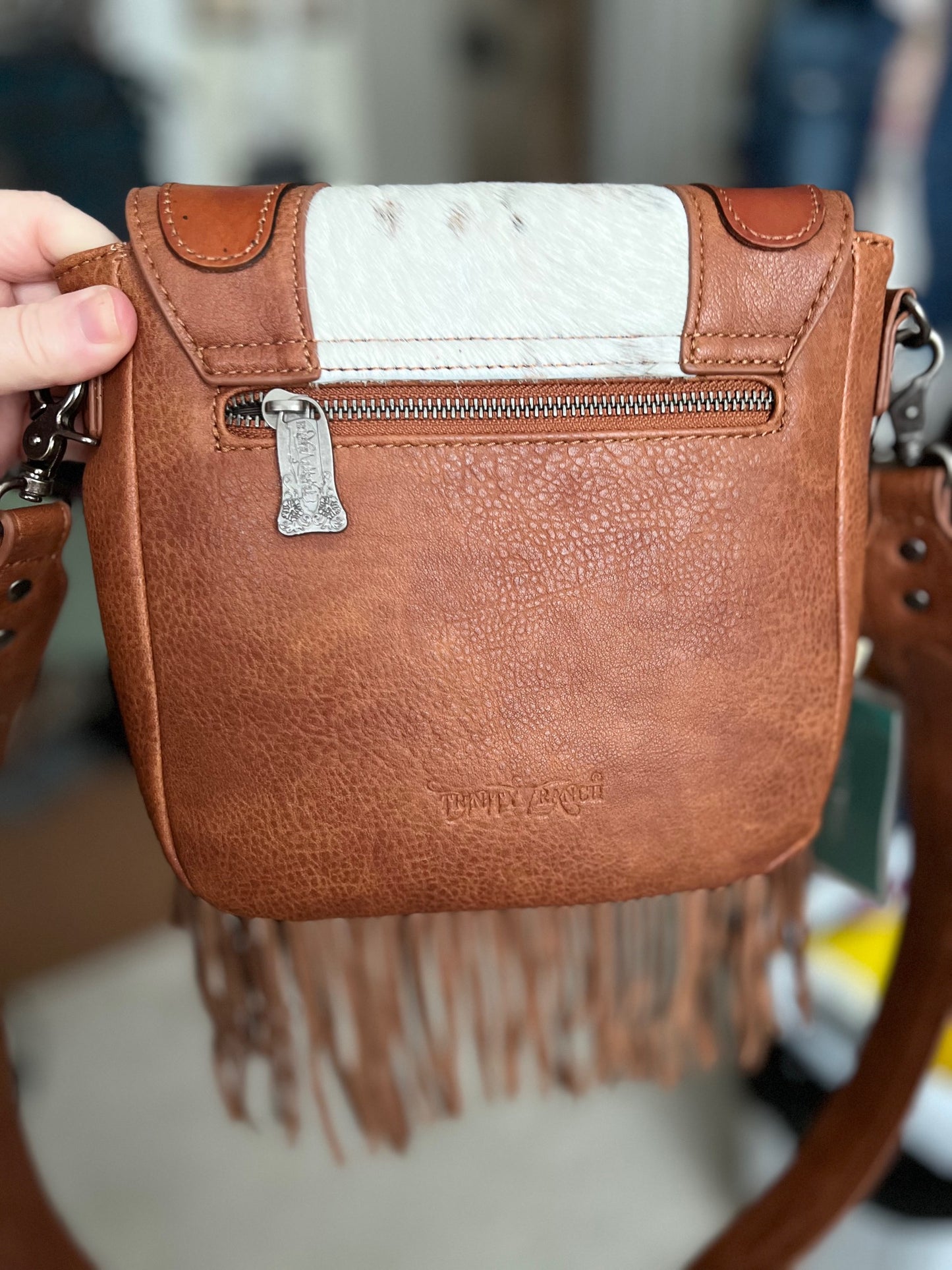 Trinity Ranch Genuine Hair-On Cowhide Tooled Fringe Crossbody Bag-Brown