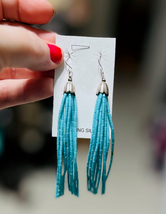 Long Santo Domingo Multi Bead Strand Turquoise/Black on Sterling Silver Hook Earrings - Multi