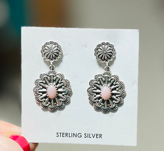 Genuine Pink Opal Concho Sterling Silver Earrings - Studbacks