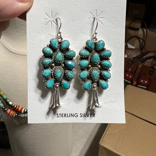 HADA Collection Sterling Silver Kingman Turquoise Earrings - Squash Blossom Earrings