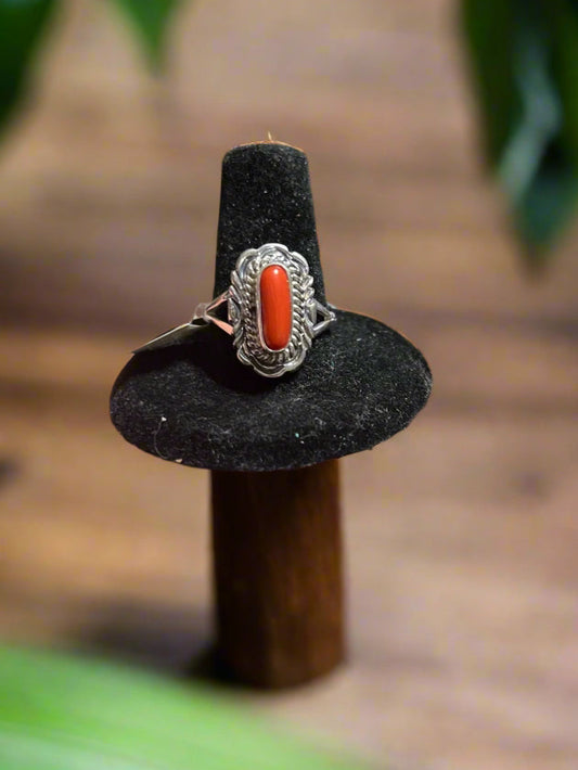 Artist - Virgil Chee / Classic Genuine Sterling Silver Navajo Handmade Coral Ring