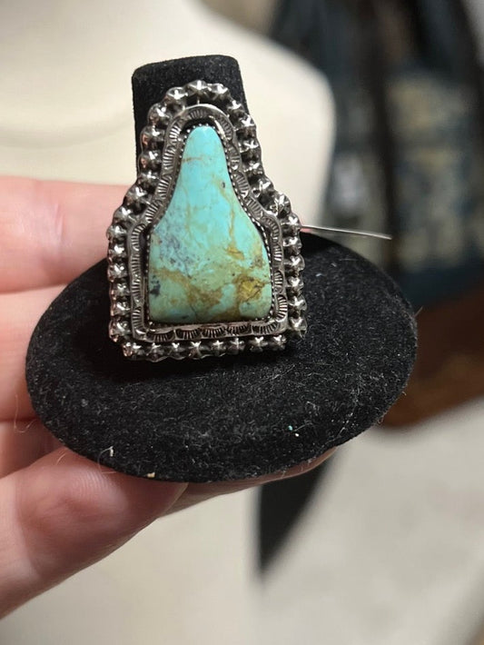 Artist - Gilbert Smith Navajo Handmade Sterling Silver Kingman Turquoise Cow Tag Ring - Adj