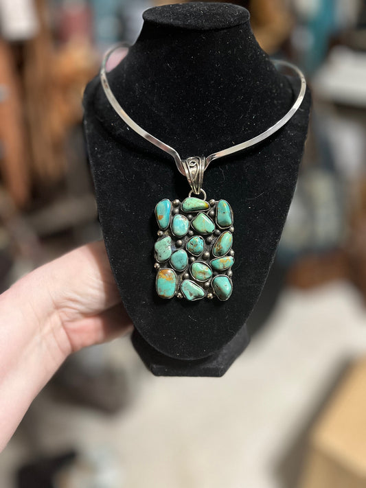 Turquoise Cluster Block - Tibetan Silver