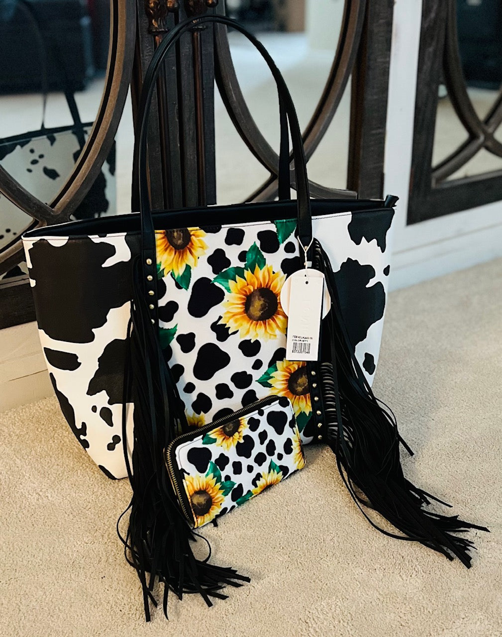 Cow and Sunflower Print Large Fringe Tote with Wallet Cedar Hill Country Market