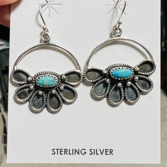 HADA Collection Sterling Silver Kingman Genuine Turquoise Floral Fan Hoop Earrings