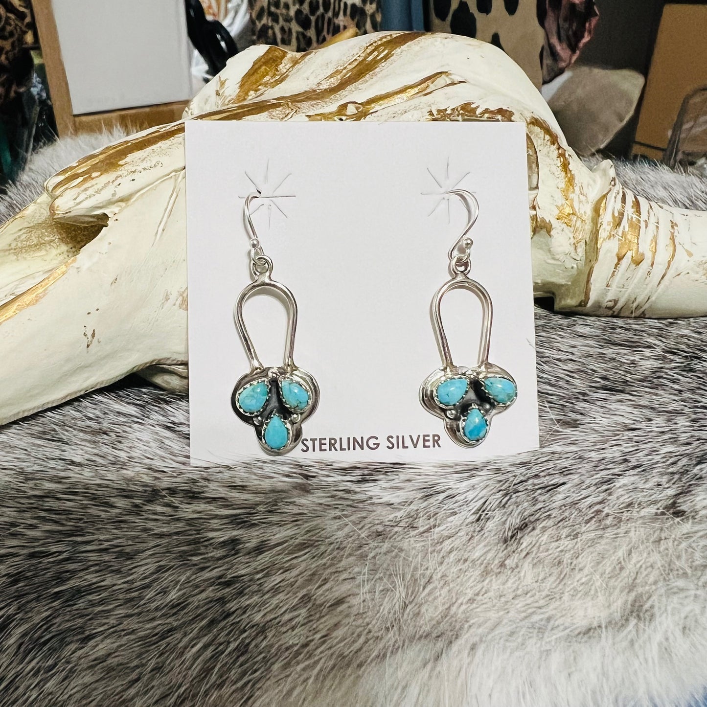 HADA Collection Sterling Silver Kingman Turquoise Three Stone Floral Dangle Earrings