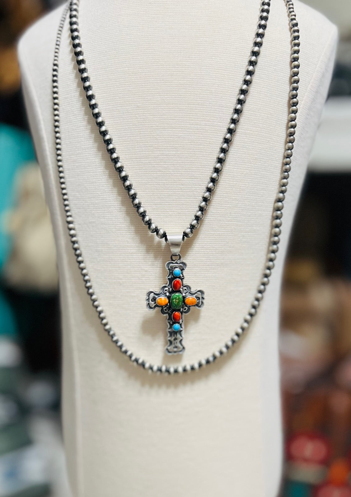 Artist - June Delgarito Navajo Handmade Multi Stone Cross Pendant - Multi