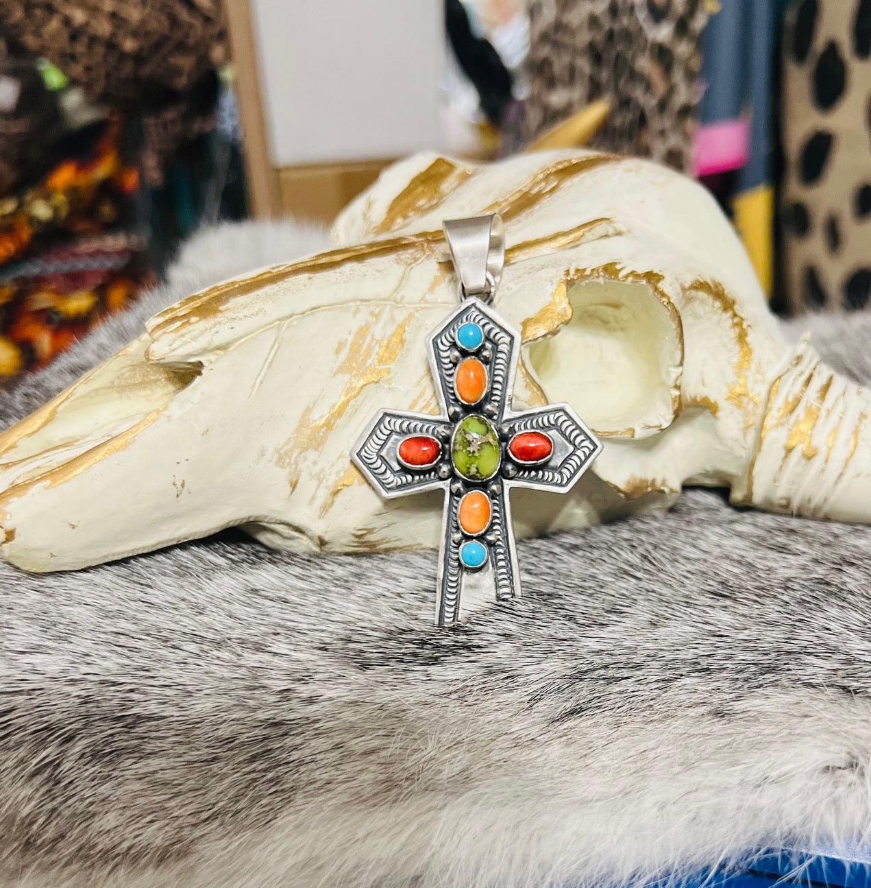 Artist - June Delgarito Navajo Handmade Multi Stone Cross Pendant - Multi