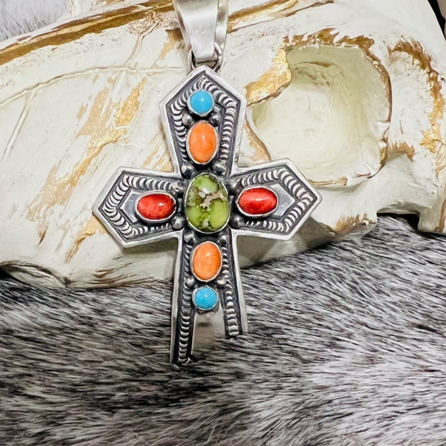 Artist - June Delgarito Navajo Handmade Multi Stone Cross Pendant - Multi