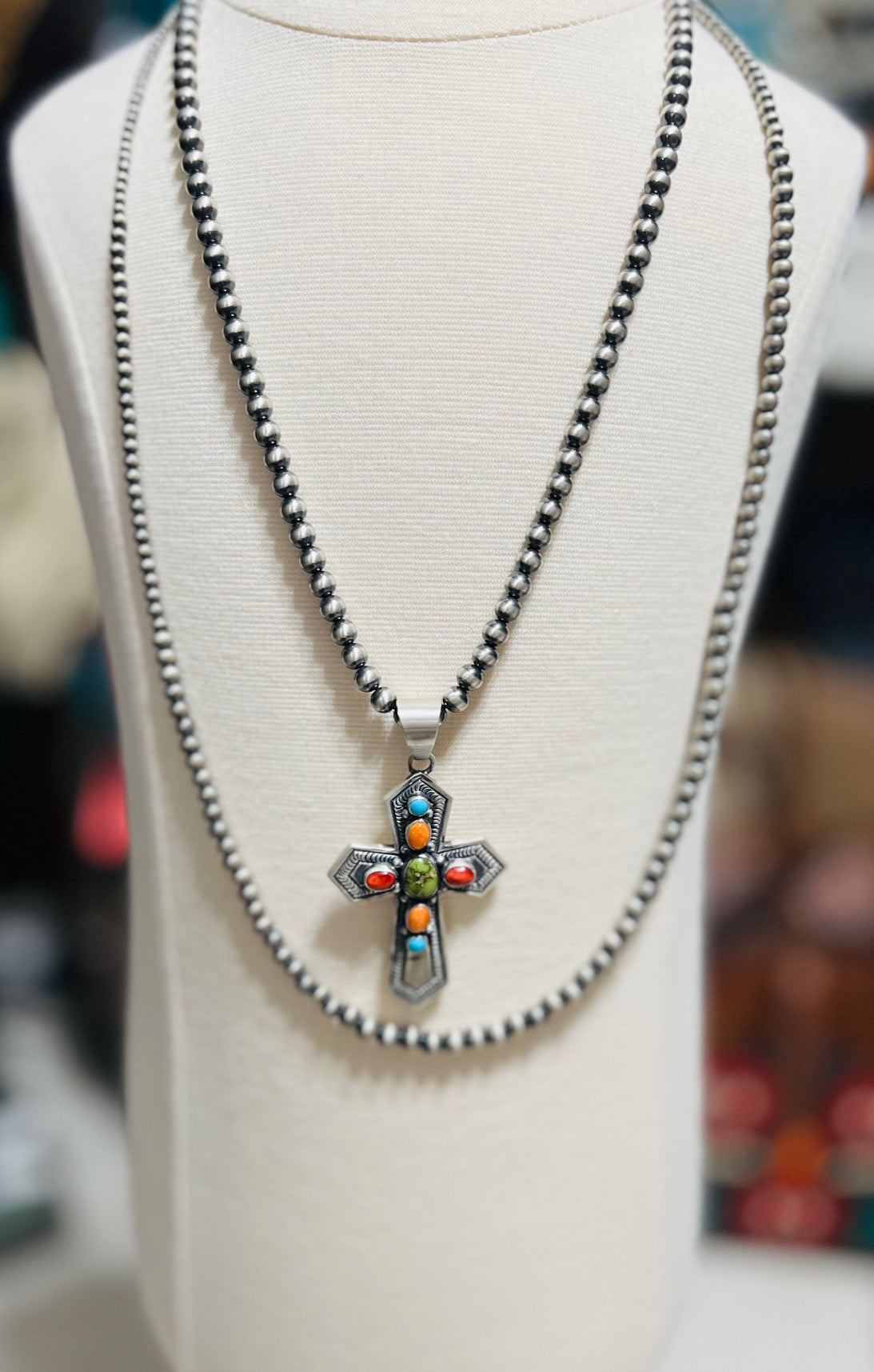 Artist - June Delgarito Navajo Handmade Multi Stone Cross Pendant - Multi