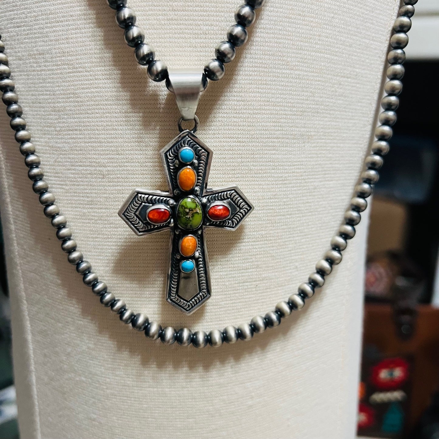 Artist - June Delgarito Navajo Handmade Multi Stone Cross Pendant - Multi