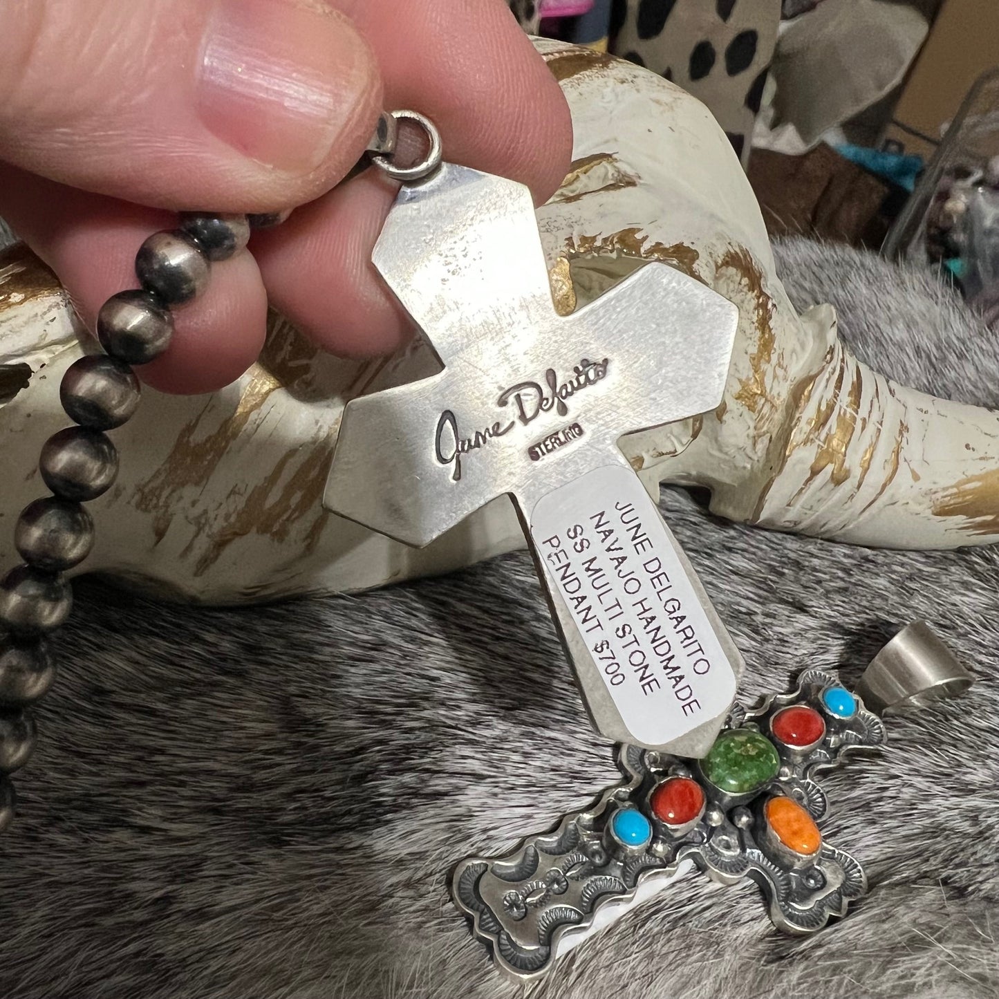 Artist - June Delgarito Navajo Handmade Multi Stone Cross Pendant - Multi