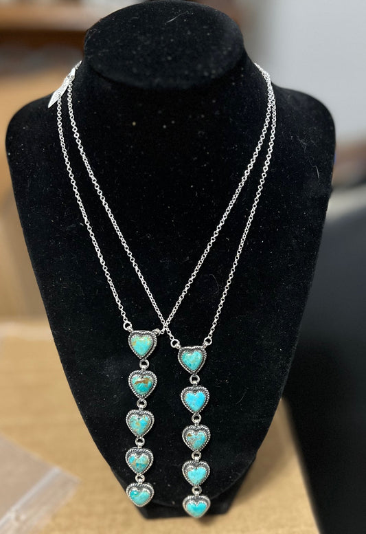 HADA Collection - Sterling Silver Genuine Turquoise Heart Drops Necklace - 18 inch