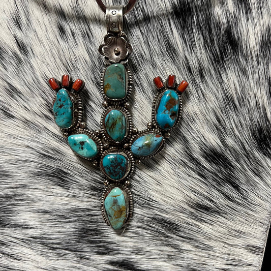 7 Stone Genuine Turquoise & Coral Cactus Pendant - Tibetan Silver Base