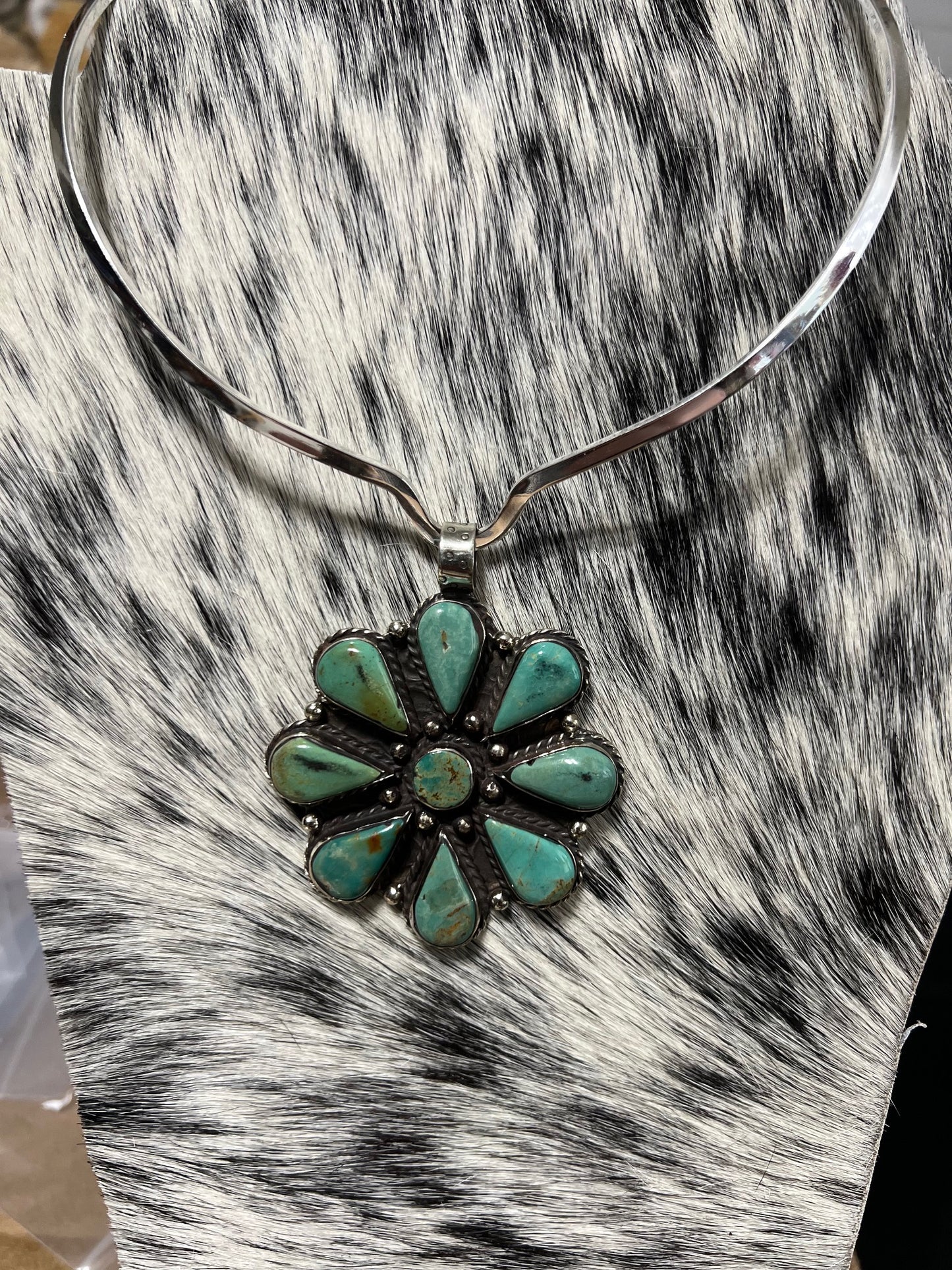 Genuine Turquoise Daisey Pendant and Ring - Tibetan Silver Bases