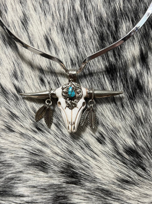 Tibetan Silver Long Horn Steer Head Turquoise Pendant with Dangle Feather Pendant