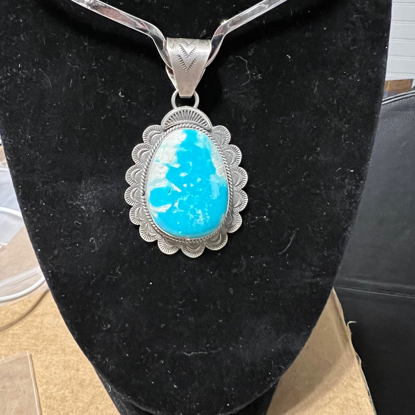 Artist - Greg Perry Handmade Navajo Kingman Genuine Turquoise Pendant / Stamped and Signed