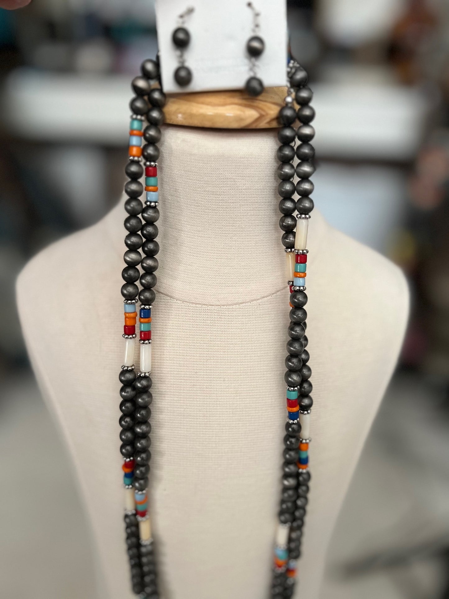 Navajo Inspired Colorful Multi Bead Double Stack Necklace Set