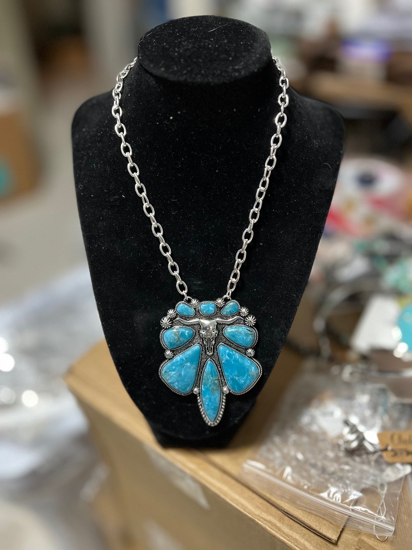 Turquoise Longhorn Inspired Western Pendant Necklace - Multi