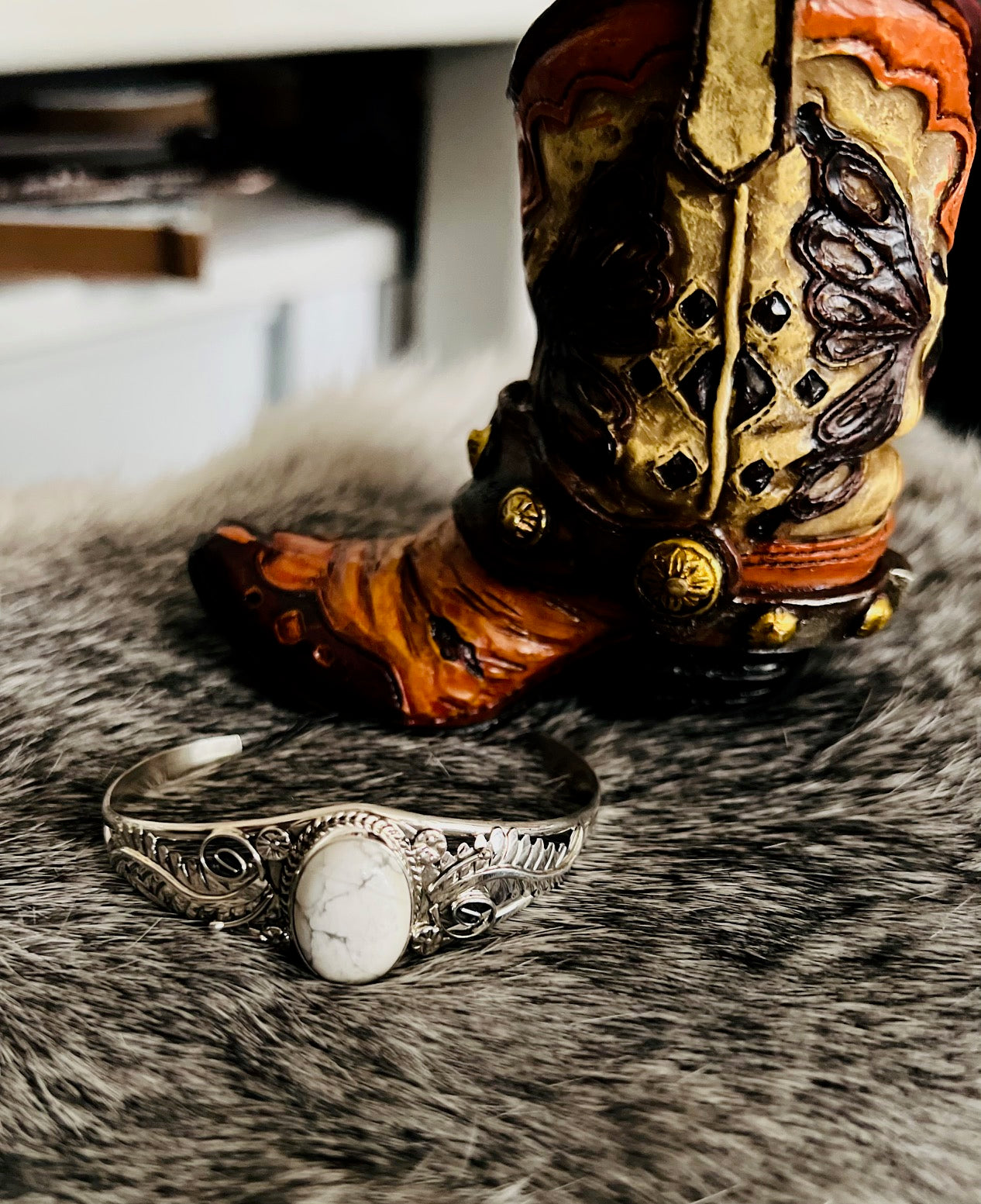 Navajo Cuff White Buffalo Bracelet 6.5" By Rene Yazzie Sterling Silver 13 grams Cedar Hill Country Market