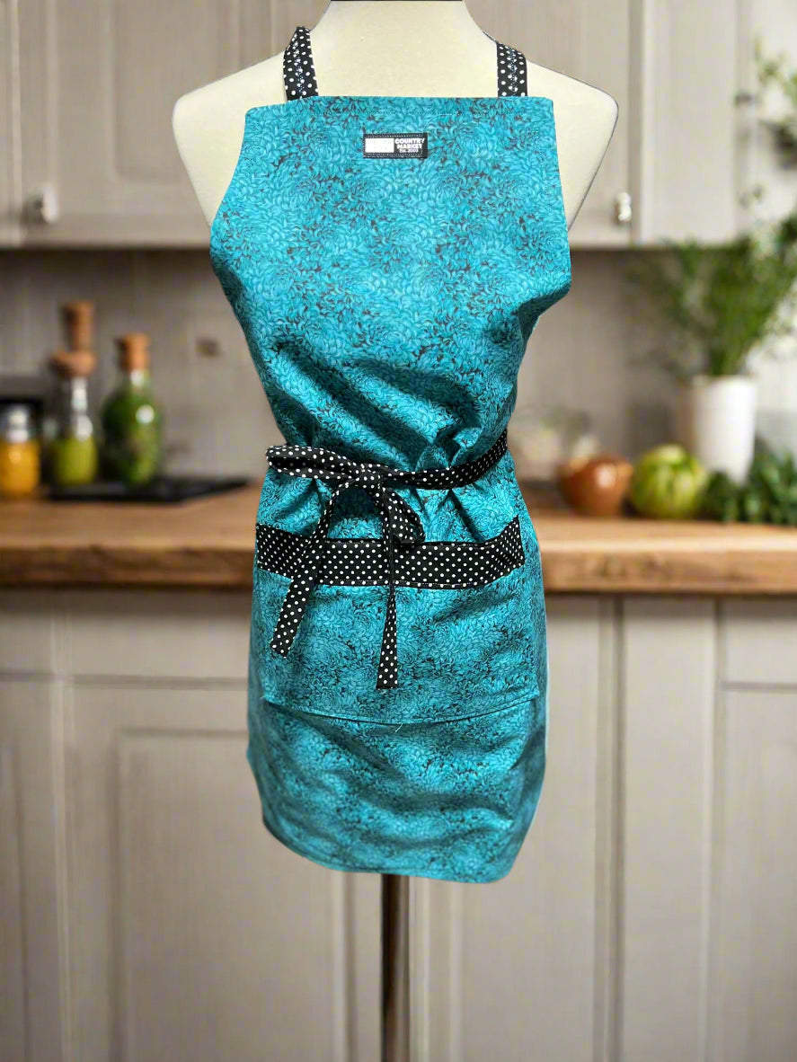 Turquoise Floral and Black and White Polka Dot Apron - One size fits Cedar Hill Country Market