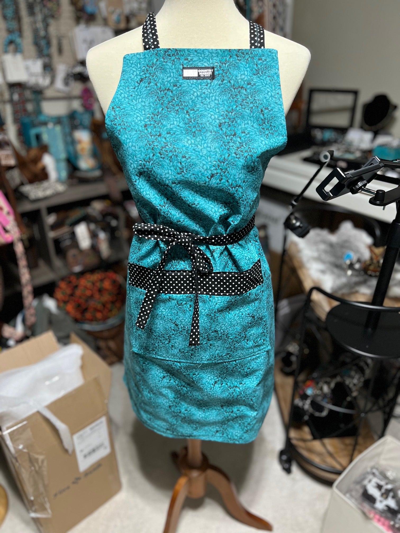 Turquoise Floral and Black and White Polka Dot Apron - One size fits Cedar Hill Country Market