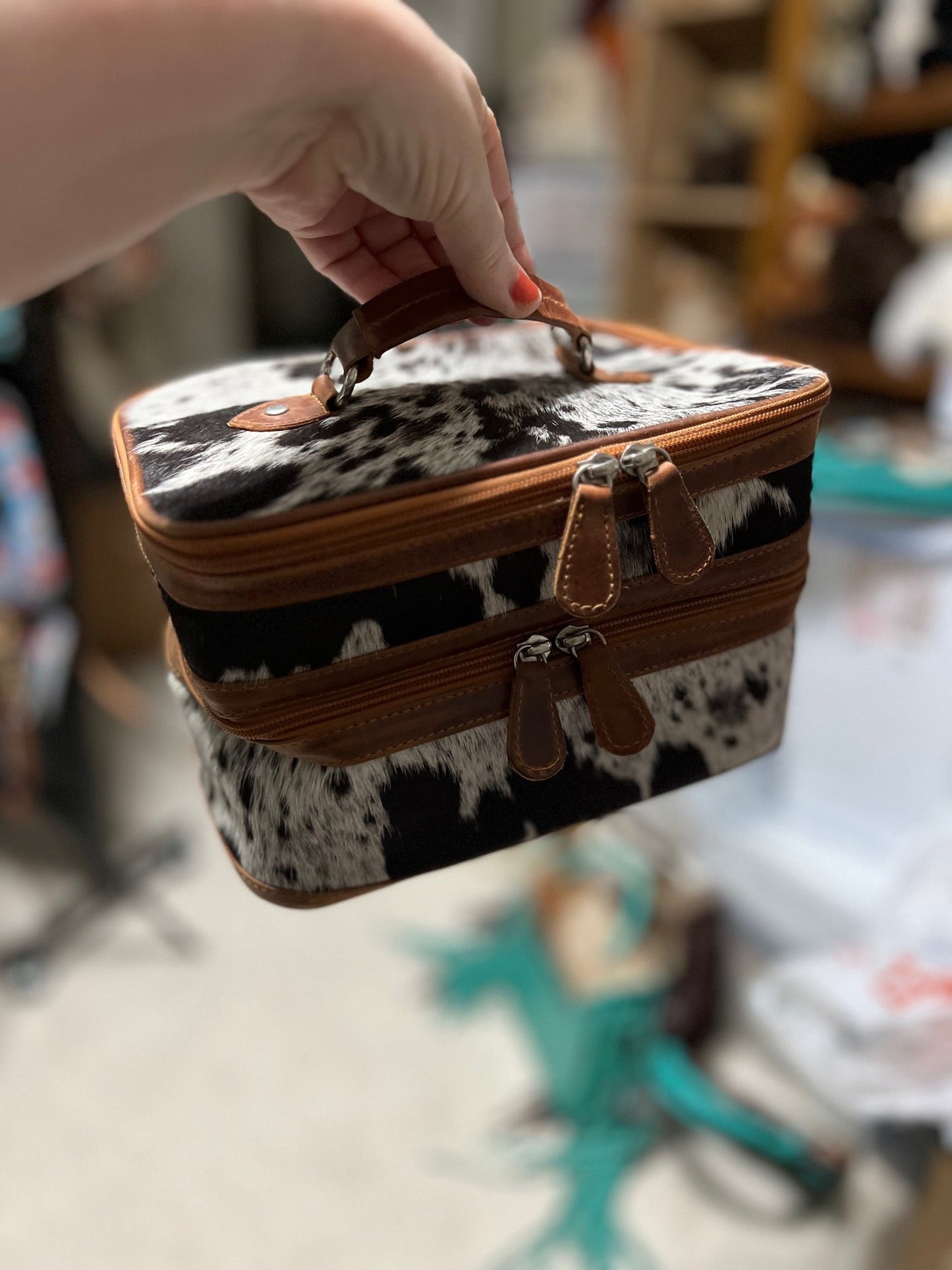 Cowhide Makeup Bag with Handle and Mirror Cedar Hill Country Market