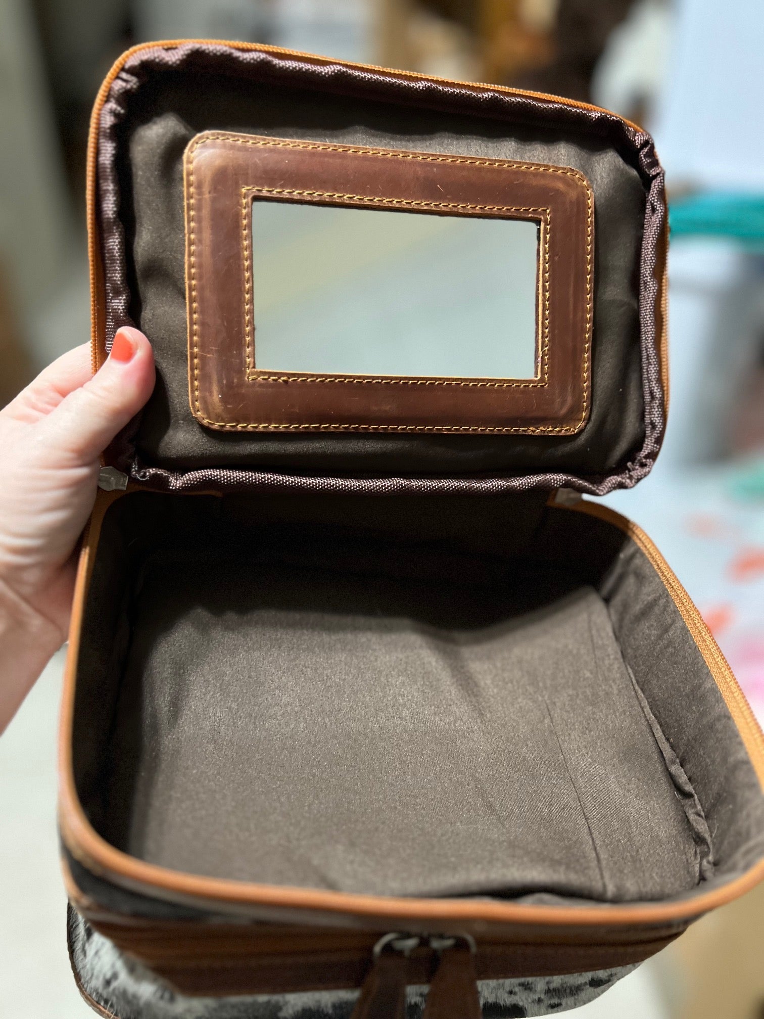 Cowhide Makeup Bag with Handle and Mirror Cedar Hill Country Market