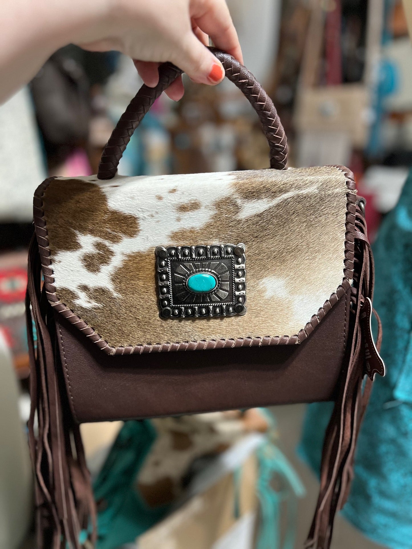 Cowhide Leather & Fringe Crossbody - Multi Cedar Hill Country Market