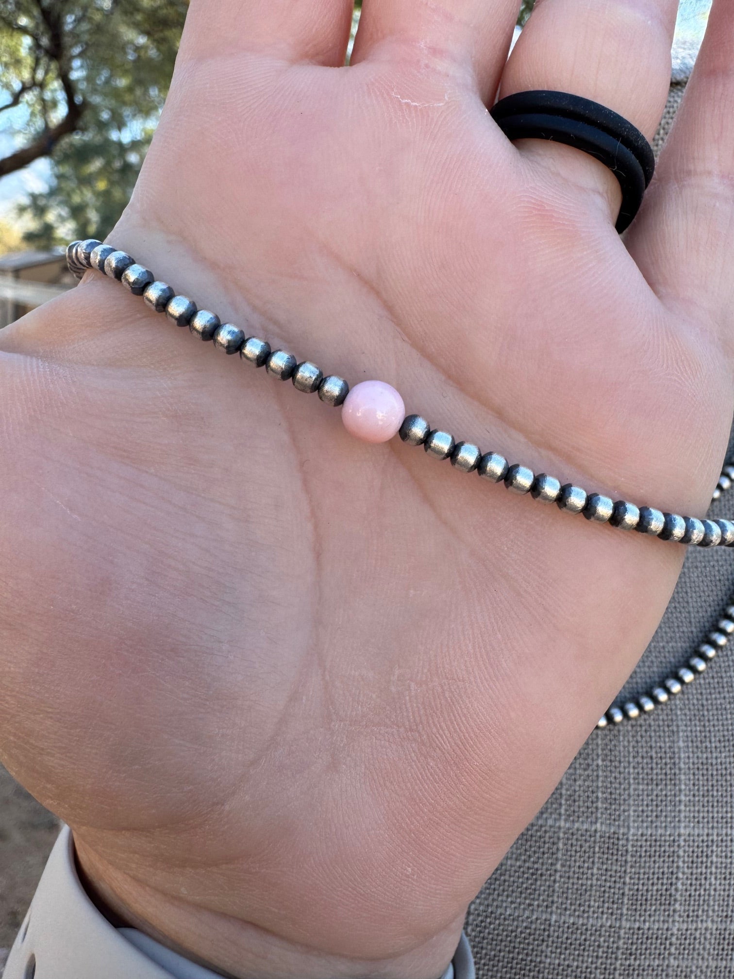Handcrafted Pink Conch & Sterling Silver 3mm Beaded Necklace Nizhoni Traders LLC