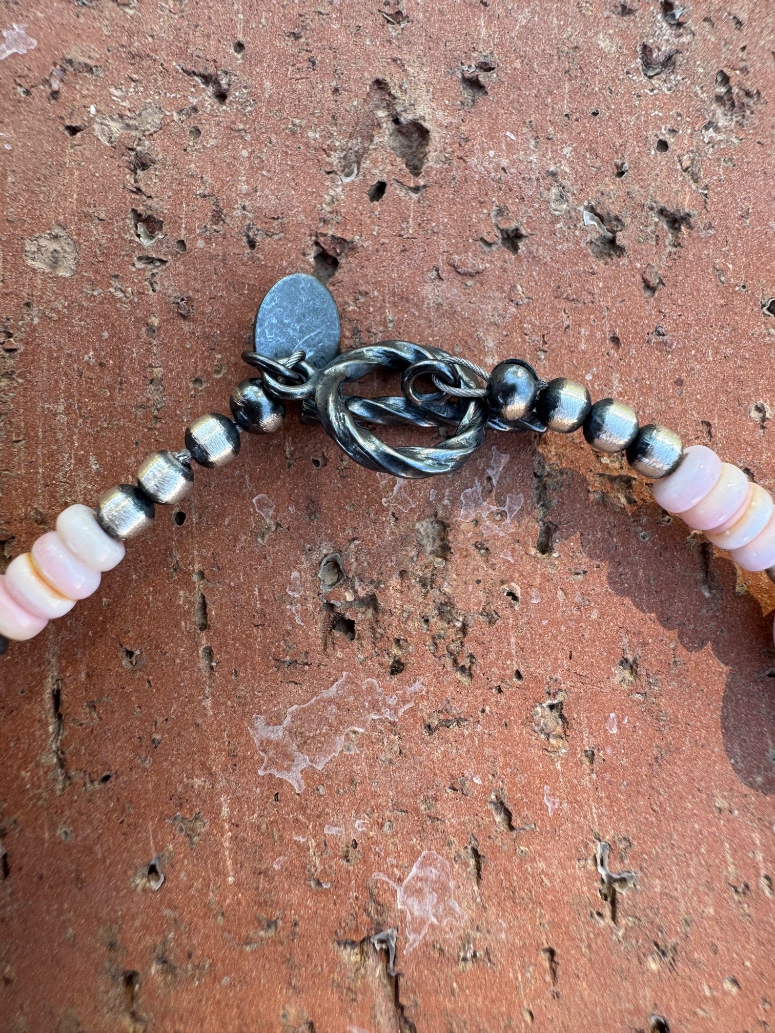 Handcrafted Pink Conch & Sterling Silver 3-5mm Beaded Bracelet 7.5" Nizhoni Traders LLC