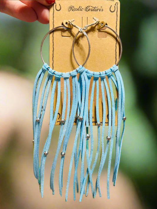 Baby Blue Genuine Leather and Bead Hoop Earrings = Multi Cedar Hill Country Market