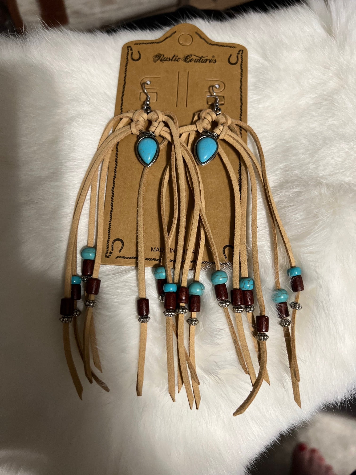 Dark Genuine Leather and Bead Hoop Earrings Cedar Hill Country Market