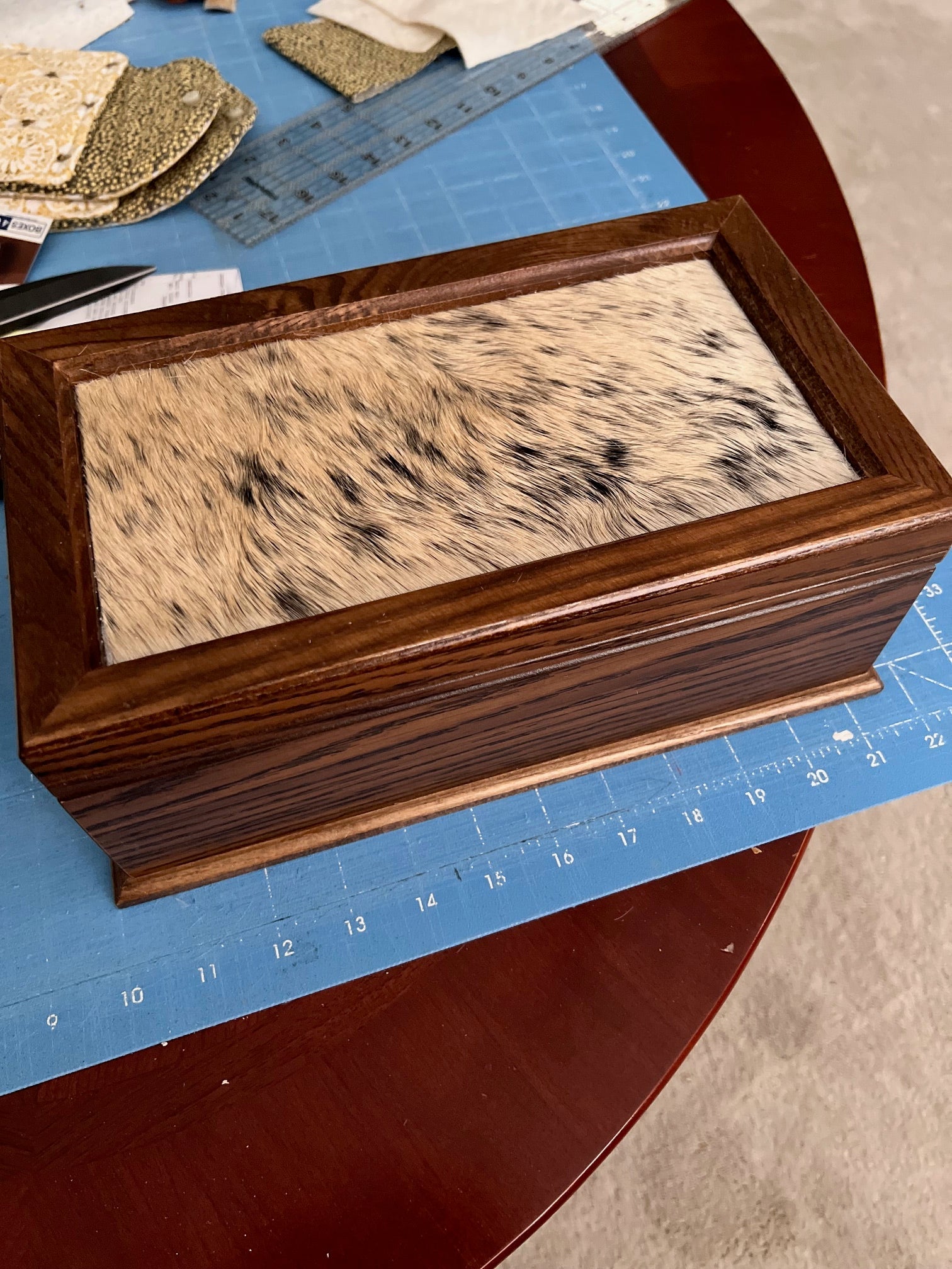 Vintage 1969 Solid Oak and Cream Cowhide Jewelry Storage Box Cedar Hill Country Market