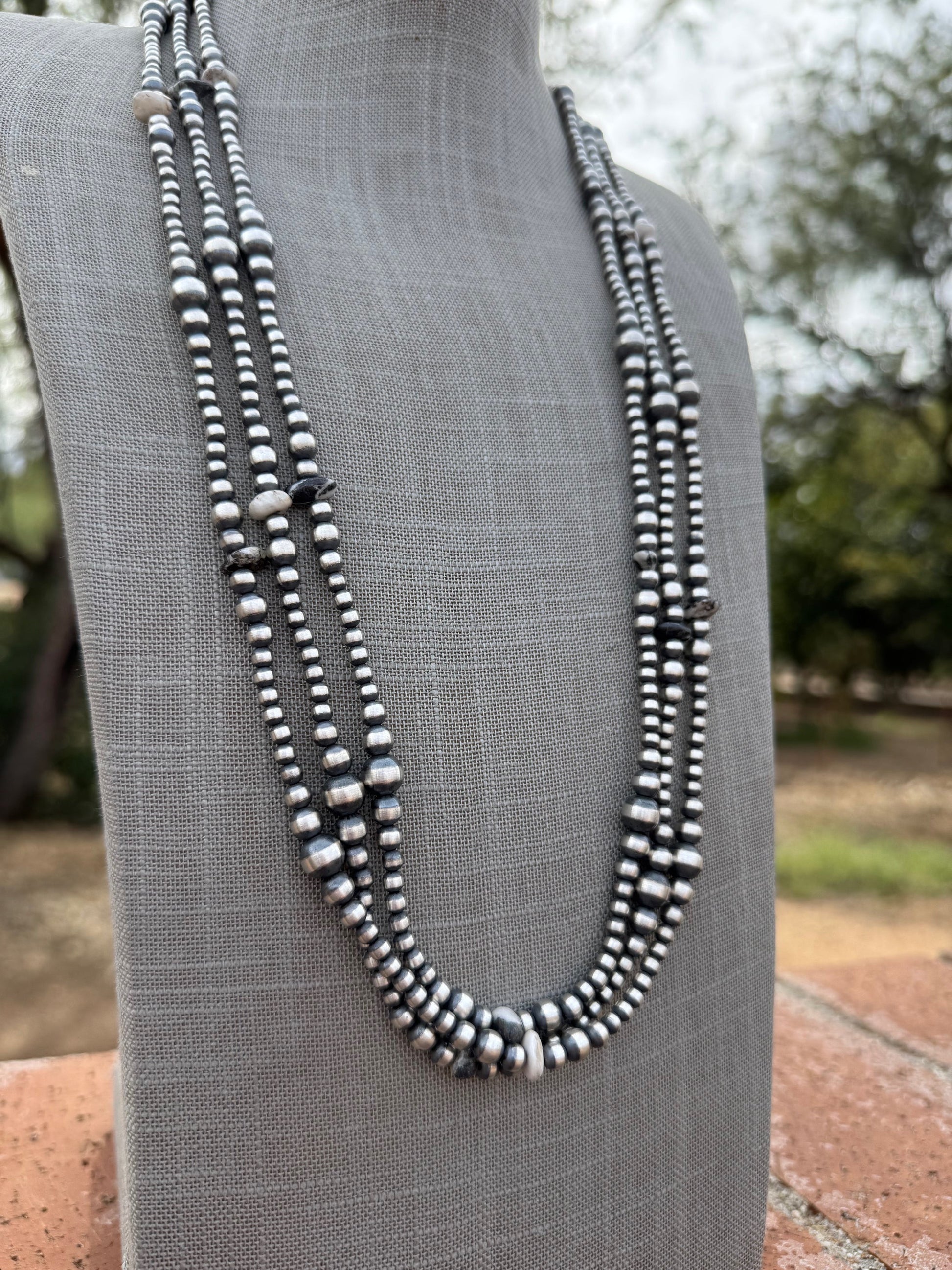 Handcrafted Sterling Silver & White Buffalo 4-8mm Beaded Necklace 30" Nizhoni Traders LLC