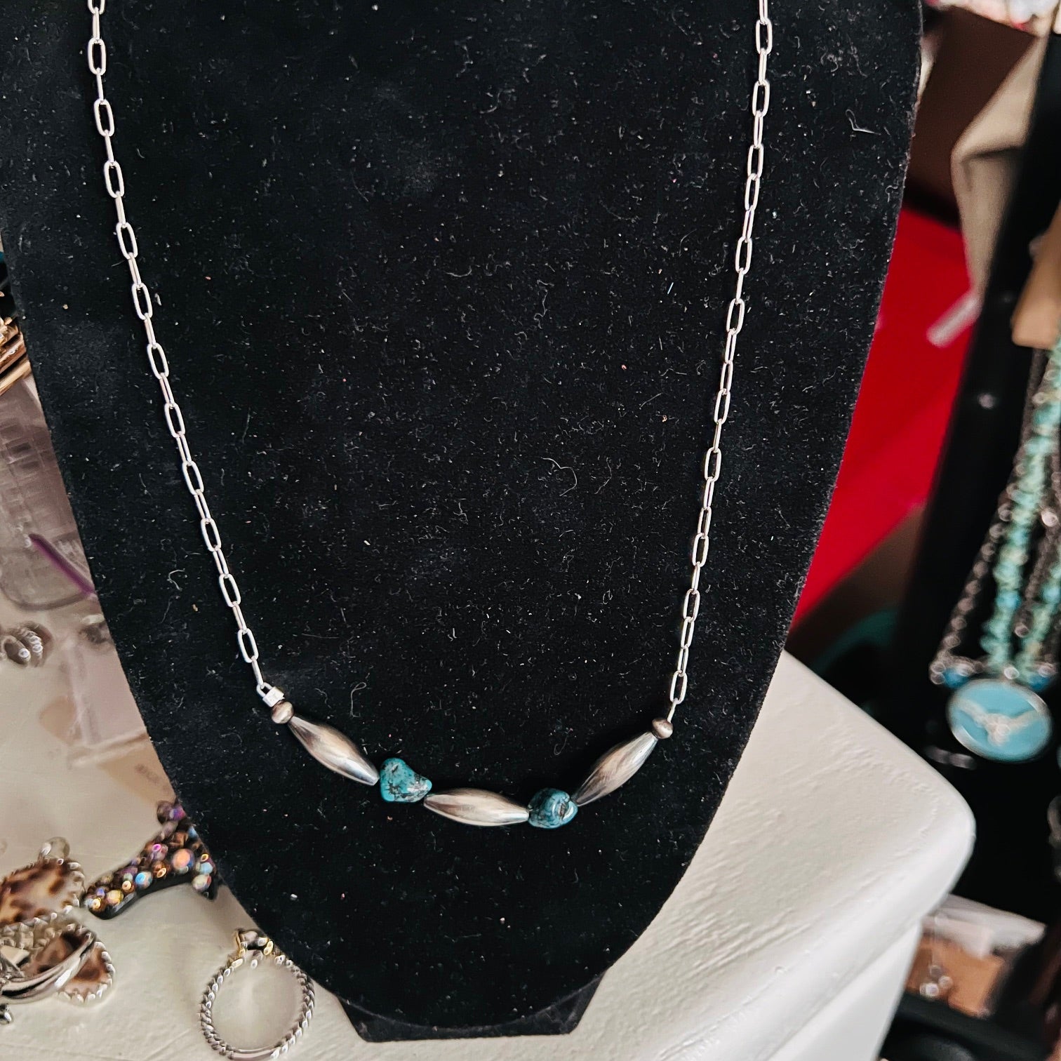 Sterling Silver Torpedo Beads and Turquoise Necklace - 18 inch Cedar Hill Country Market