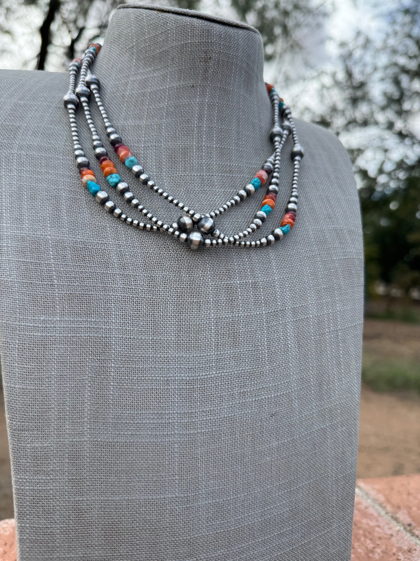 Handcrafted Multi Stone & Sterling Silver 3-8mm Beaded Necklace 18" Nizhoni Traders LLC