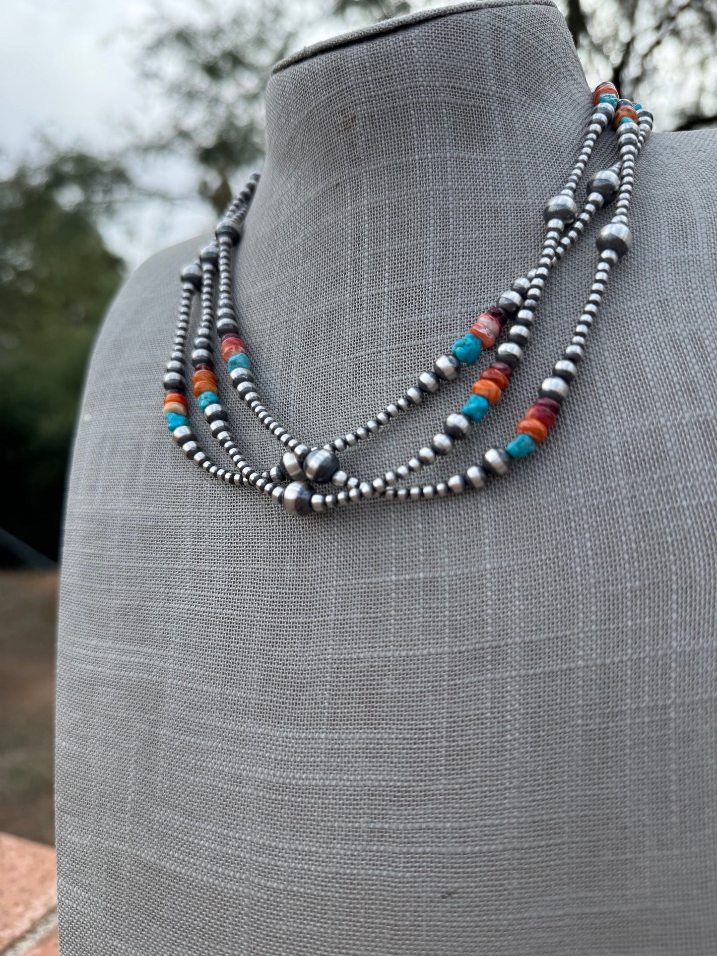 Handcrafted Multi Stone & Sterling Silver 3-8mm Beaded Necklace 18" Nizhoni Traders LLC