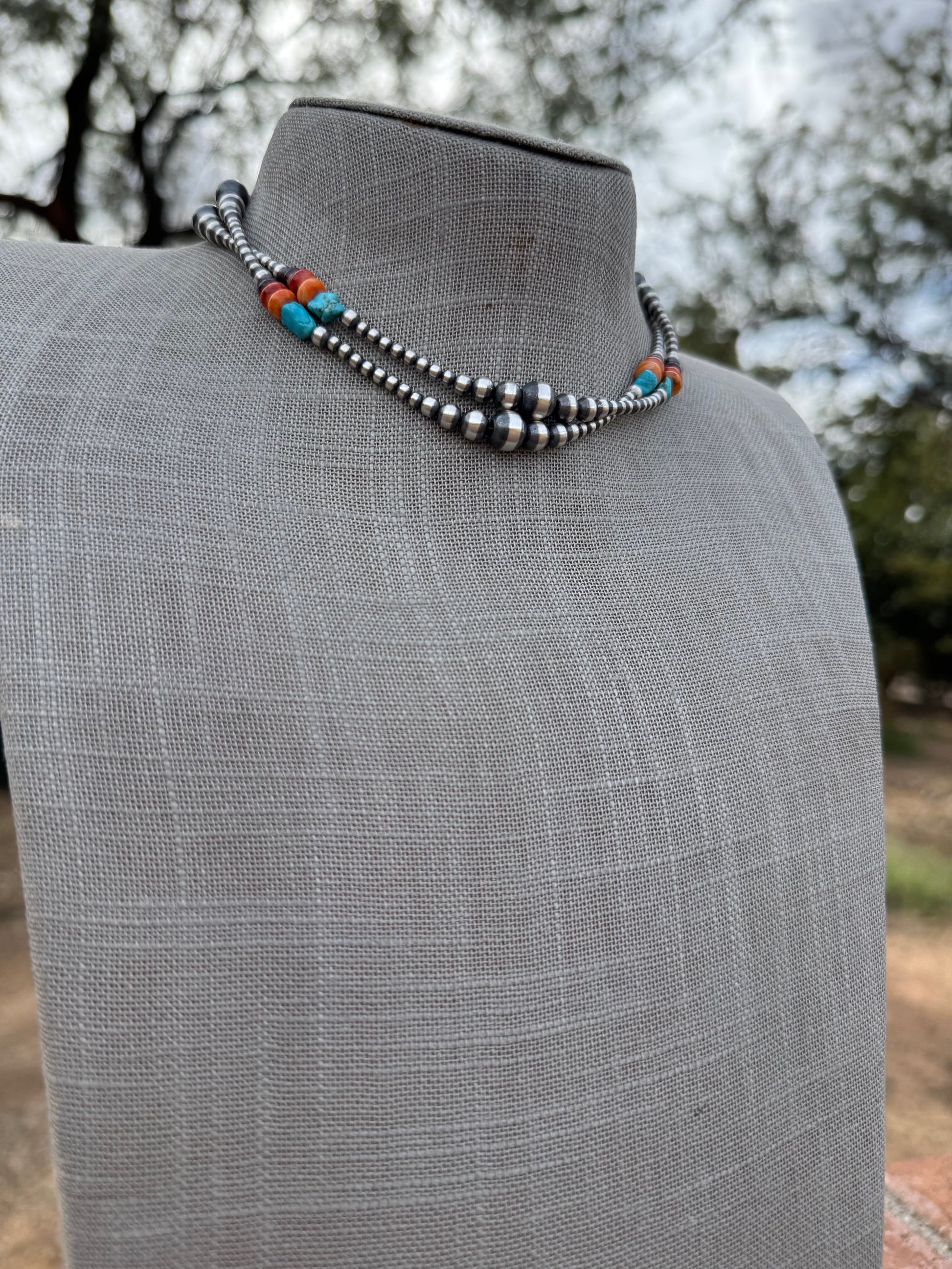Handcrafted Multi Stone & Sterling Silver 3-8mm Beaded Necklace 14" Nizhoni Traders LLC