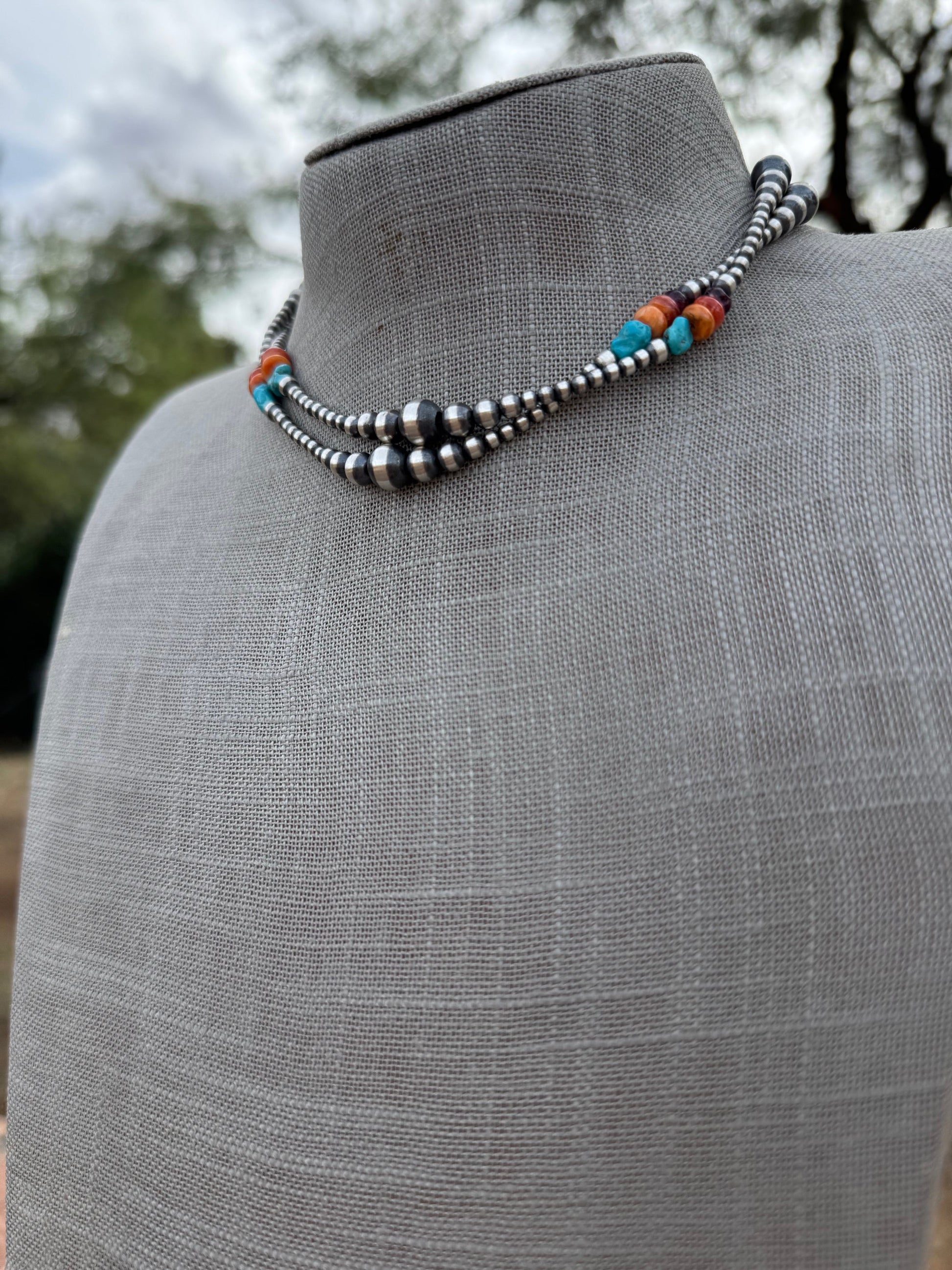 Handcrafted Multi Stone & Sterling Silver 3-8mm Beaded Necklace 14" Nizhoni Traders LLC