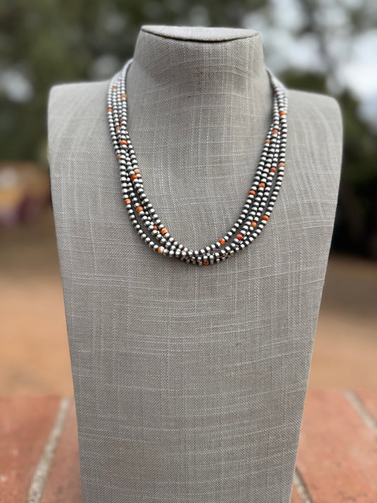 Handcrafted Orange Spiny & Sterling Silver 4mm Beaded Necklace 20" Nizhoni Traders LLC